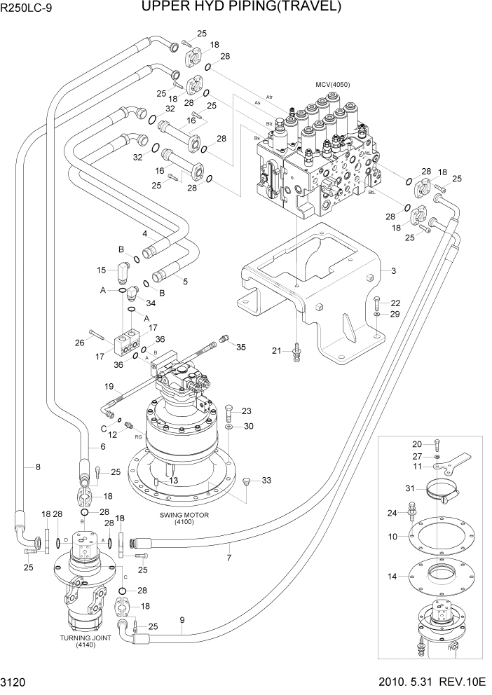 Схема запчастей Hyundai R250LC9 - PAGE 3120 UPPER HYD PIPING(TRAVEL) ГИДРАВЛИЧЕСКАЯ СИСТЕМА
