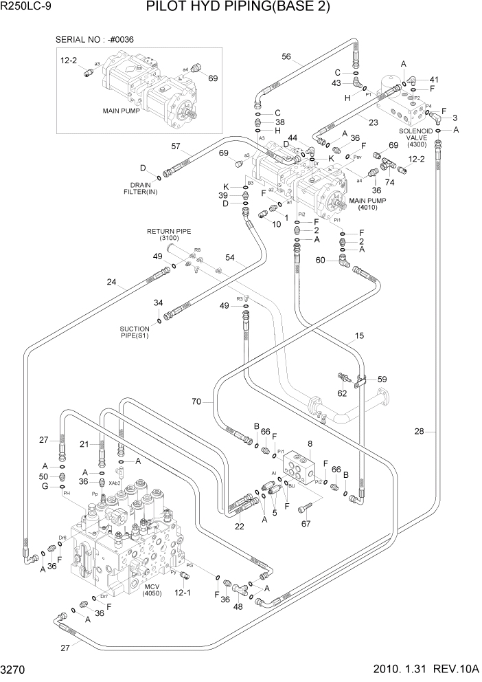 Схема запчастей Hyundai R250LC9 - PAGE 3270 PILOT HYD PIPING(BASE 2) ГИДРАВЛИЧЕСКАЯ СИСТЕМА