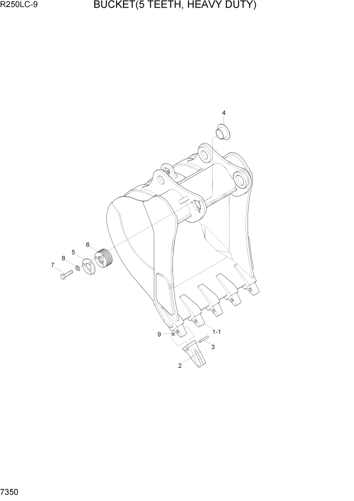 Схема запчастей Hyundai R250LC9 - PAGE 7350 BUCKET(5 TEETH, HEAVY DUTY) РАБОЧЕЕ ОБОРУДОВАНИЕ