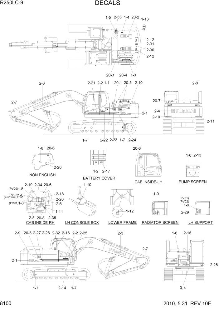 Схема запчастей Hyundai R250LC9 - PAGE 8100 DECALS ДРУГИЕ ЧАСТИ
