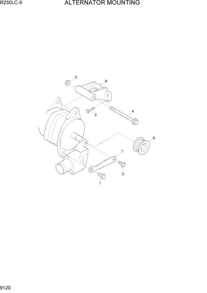 Схема запчастей Hyundai R250LC9 - PAGE 9120 ALTERNATOR MOUNTING ДВИГАТЕЛЬ БАЗА