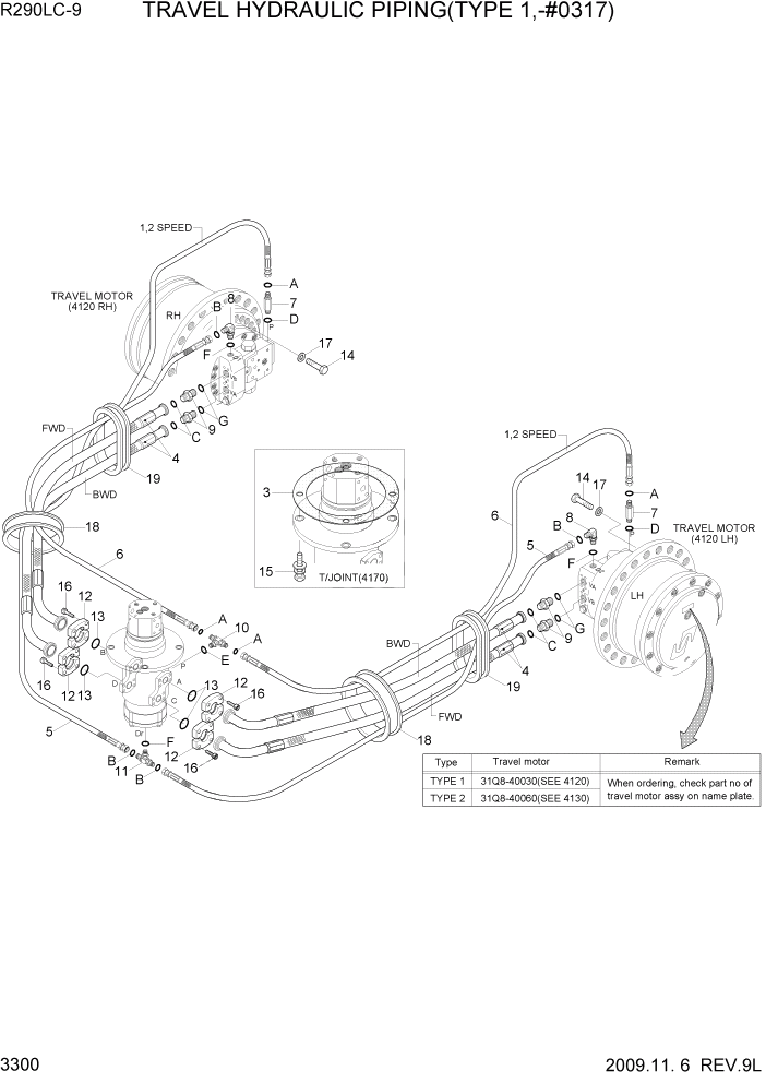 Схема запчастей Hyundai R290LC9 - PAGE 3300 TRAVEL HYDRAULIC PIPING(TYPE 1, -#0317) ГИДРАВЛИЧЕСКАЯ СИСТЕМА