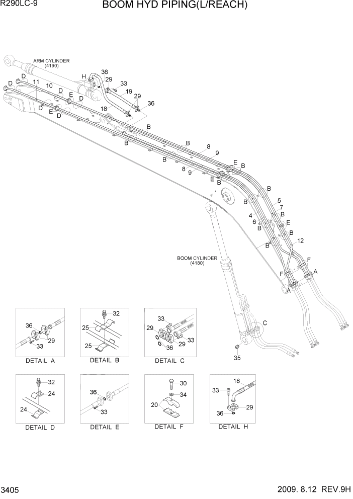 Схема запчастей Hyundai R290LC9 - PAGE 3405 BOOM HYD PIPING(L/REACH) ГИДРАВЛИЧЕСКАЯ СИСТЕМА