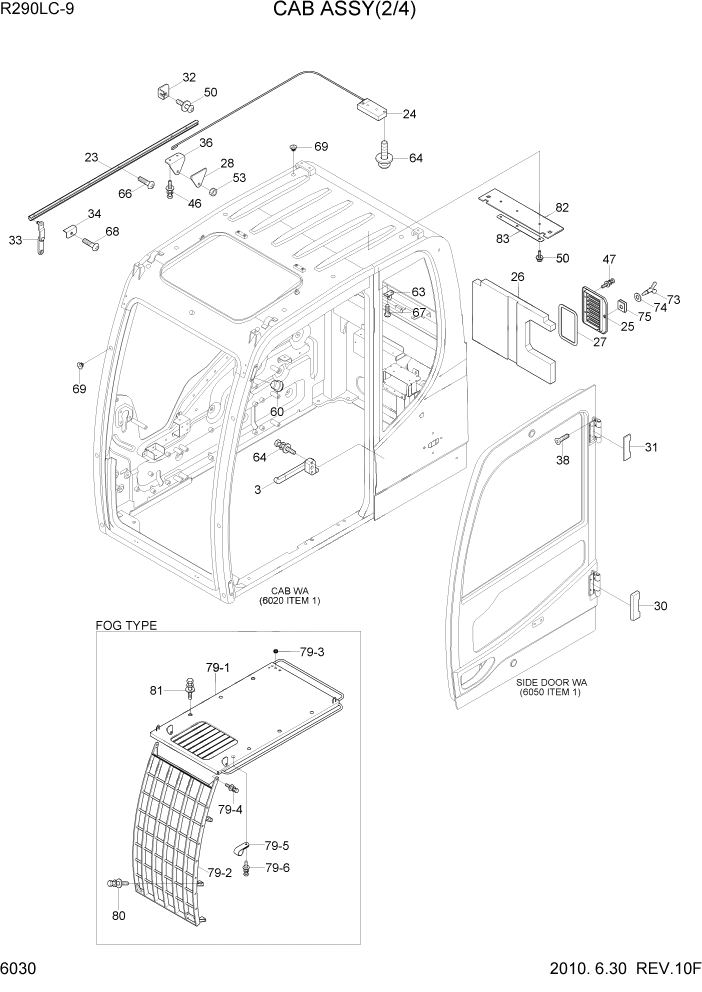 Схема запчастей Hyundai R290LC9 - PAGE 6030 CAB ASSY(2/4) СТРУКТУРА