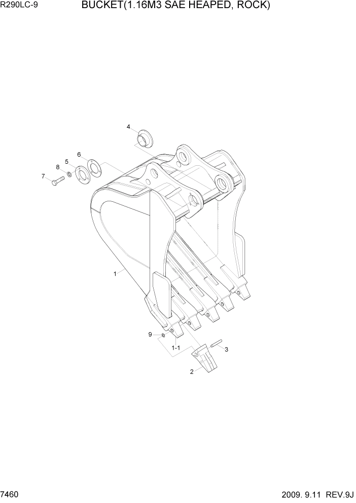 Схема запчастей Hyundai R290LC9 - PAGE 7460 BUCKET(1.16M3 SAE HEAPED, ROCK) РАБОЧЕЕ ОБОРУДОВАНИЕ