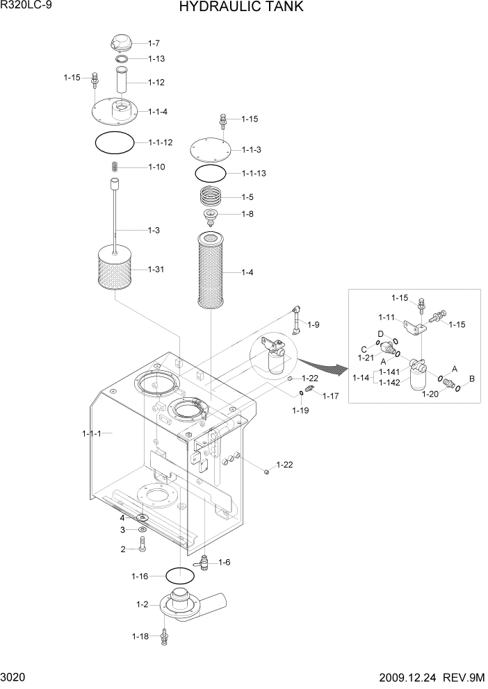 Схема запчастей Hyundai R320LC9 - PAGE 3020 HYDRAULIC TANK ГИДРАВЛИЧЕСКАЯ СИСТЕМА