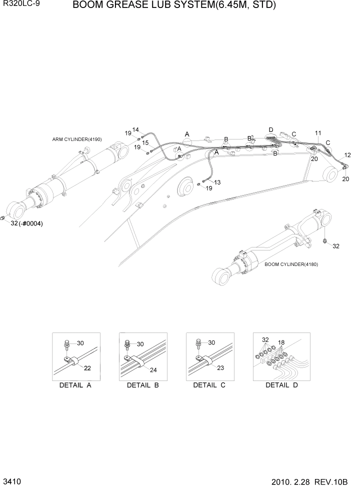 Схема запчастей Hyundai R320LC9 - PAGE 3410 BOOM GREASE LUB SYS(6.45M, STD) ГИДРАВЛИЧЕСКАЯ СИСТЕМА