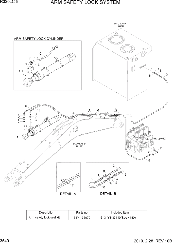 Схема запчастей Hyundai R320LC9 - PAGE 3540 ARM SAFETY LOCK SYSTEM ГИДРАВЛИЧЕСКАЯ СИСТЕМА