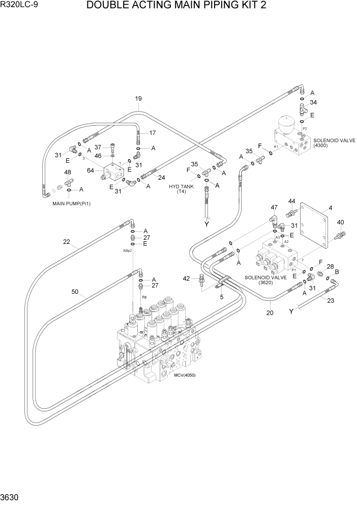 Схема запчастей Hyundai R320LC9 - PAGE 3630 DOUBLE ACTING MAIN PIPING KIT 2 ГИДРАВЛИЧЕСКАЯ СИСТЕМА