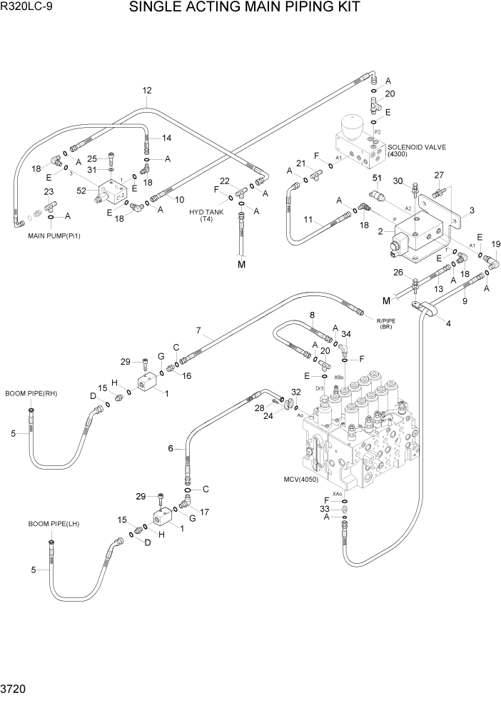 Схема запчастей Hyundai R320LC9 - PAGE 3720 SINGLE ACTING MAIN PIPING KIT ГИДРАВЛИЧЕСКАЯ СИСТЕМА
