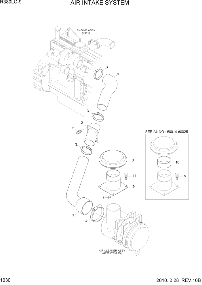 Схема запчастей Hyundai R360LC9 - PAGE 1030 AIR INTAKE SYSTEM СИСТЕМА ДВИГАТЕЛЯ