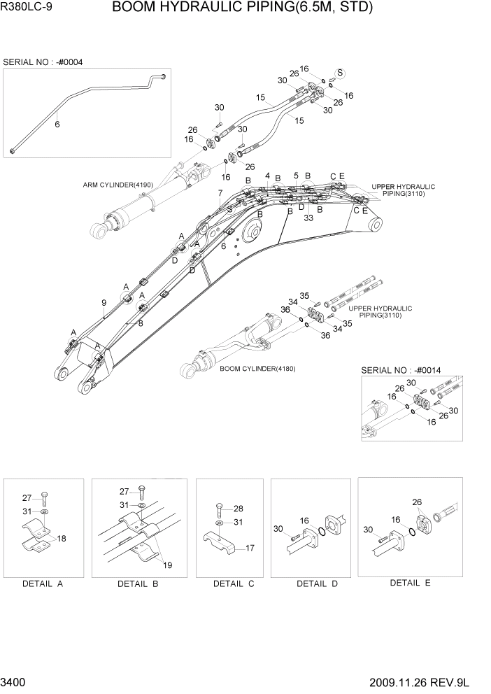 Схема запчастей Hyundai R360LC9 - PAGE 3400 BOOM HYDDRAULIC PIPING(6.5M, STD) ГИДРАВЛИЧЕСКАЯ СИСТЕМА