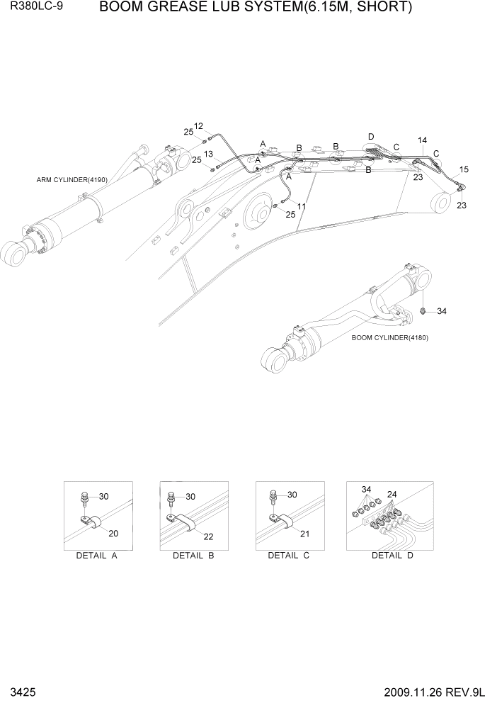 Схема запчастей Hyundai R360LC9 - PAGE 3425 BOOM GREASE LUB SYSTEM(6.15M, SHORT) ГИДРАВЛИЧЕСКАЯ СИСТЕМА