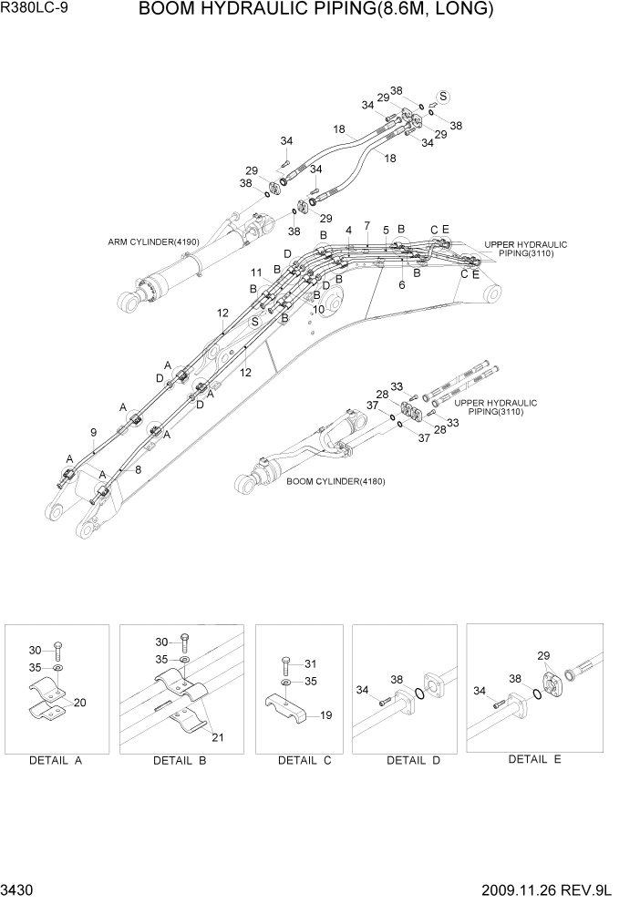 Схема запчастей Hyundai R360LC9 - PAGE 3430 BOOM HYDDRAULIC PIPING(8.6M, LONG) ГИДРАВЛИЧЕСКАЯ СИСТЕМА