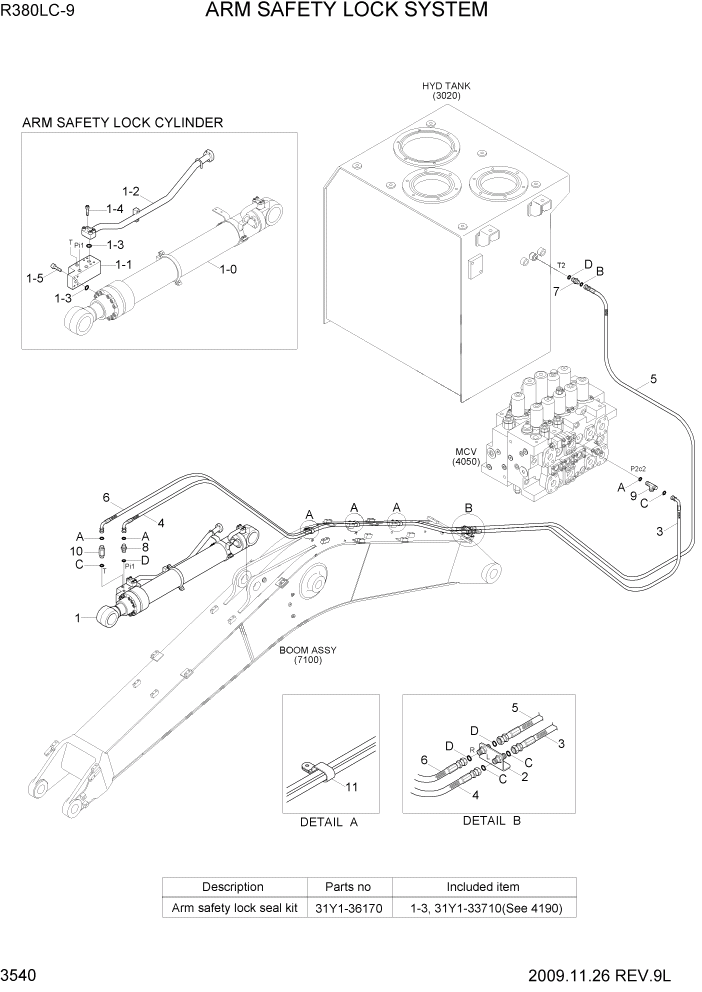 Схема запчастей Hyundai R360LC9 - PAGE 3540 ARM SAFETY LOCK SYSTEM ГИДРАВЛИЧЕСКАЯ СИСТЕМА