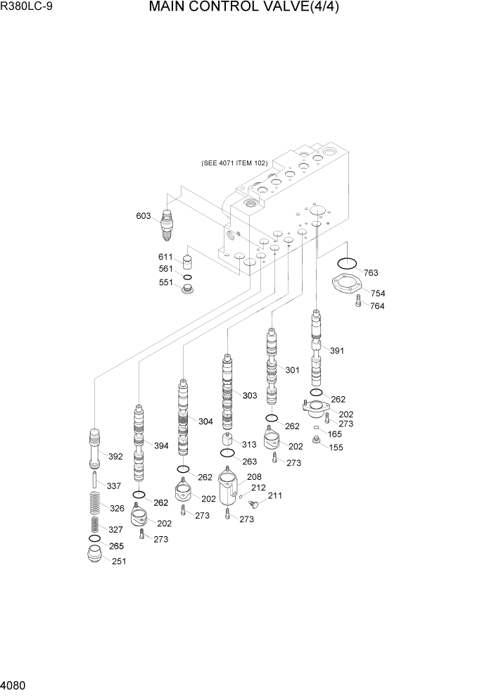 Схема запчастей Hyundai R360LC9 - PAGE 4080 MAIN CONTROL VALVE(4/4) ГИДРАВЛИЧЕСКИЕ КОМПОНЕНТЫ