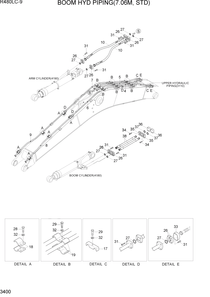 Схема запчастей Hyundai R480LC9 - PAGE 3400 BOOM HYD PIPING(7.06M, STD) ГИДРАВЛИЧЕСКАЯ СИСТЕМА