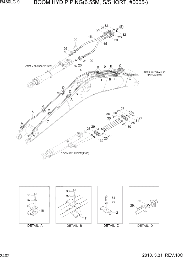 Схема запчастей Hyundai R480LC9 - PAGE 3402 BOOM HYD PIPING(6.55M, S/SHORT, #0005-) ГИДРАВЛИЧЕСКАЯ СИСТЕМА