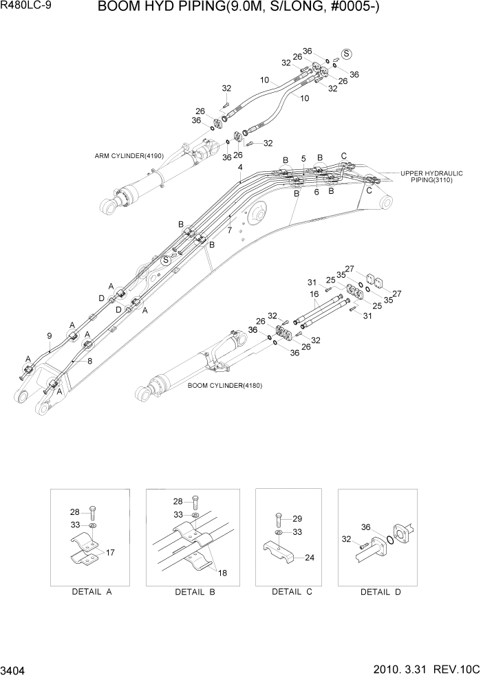 Схема запчастей Hyundai R480LC9 - PAGE 3404 BOOM HYD PIPING(9.0M, S/LONG, #0005-) ГИДРАВЛИЧЕСКАЯ СИСТЕМА