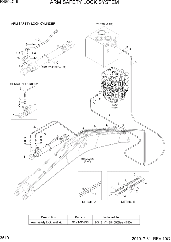 Схема запчастей Hyundai R480LC9 - PAGE 3510 ARM SAFETY LOCK SYSTEM ГИДРАВЛИЧЕСКАЯ СИСТЕМА