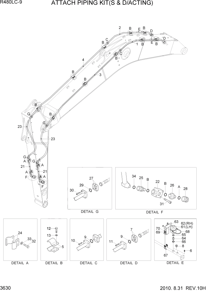 Схема запчастей Hyundai R480LC9 - PAGE 3630 ATTACH PIPING KIT(S & D/ACTING) ГИДРАВЛИЧЕСКАЯ СИСТЕМА
