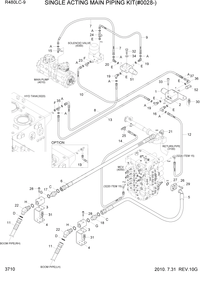 Схема запчастей Hyundai R480LC9 - PAGE 3710 SINGLE ACTING MAIN PIPING KIT(#0028-) ГИДРАВЛИЧЕСКАЯ СИСТЕМА
