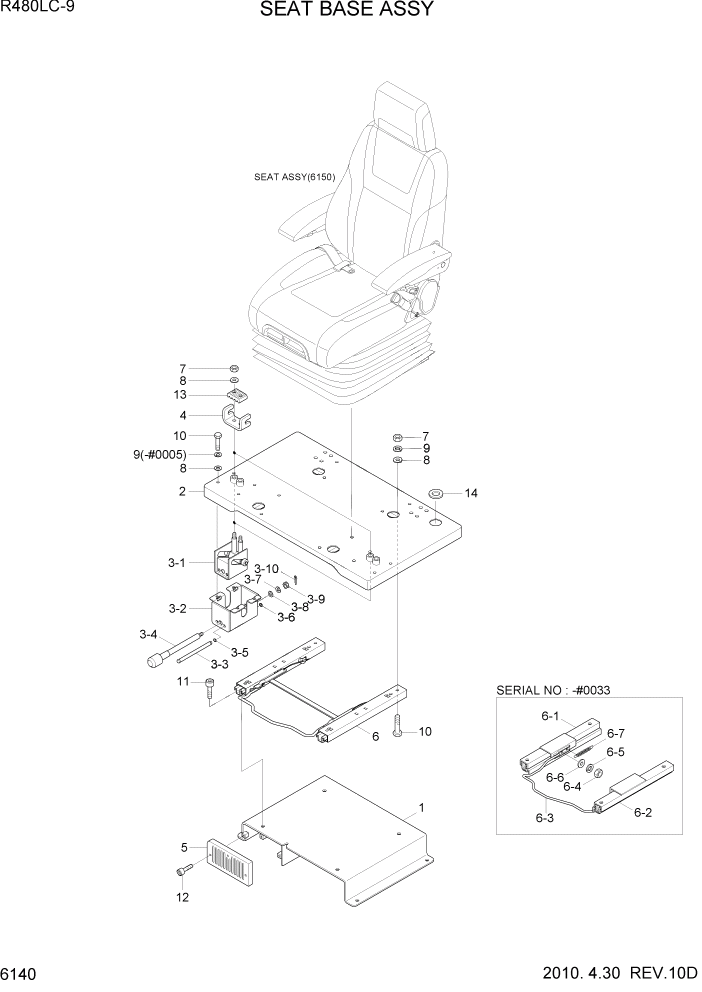Схема запчастей Hyundai R480LC9 - PAGE 6140 SEAT BASE ASSY СТРУКТУРА