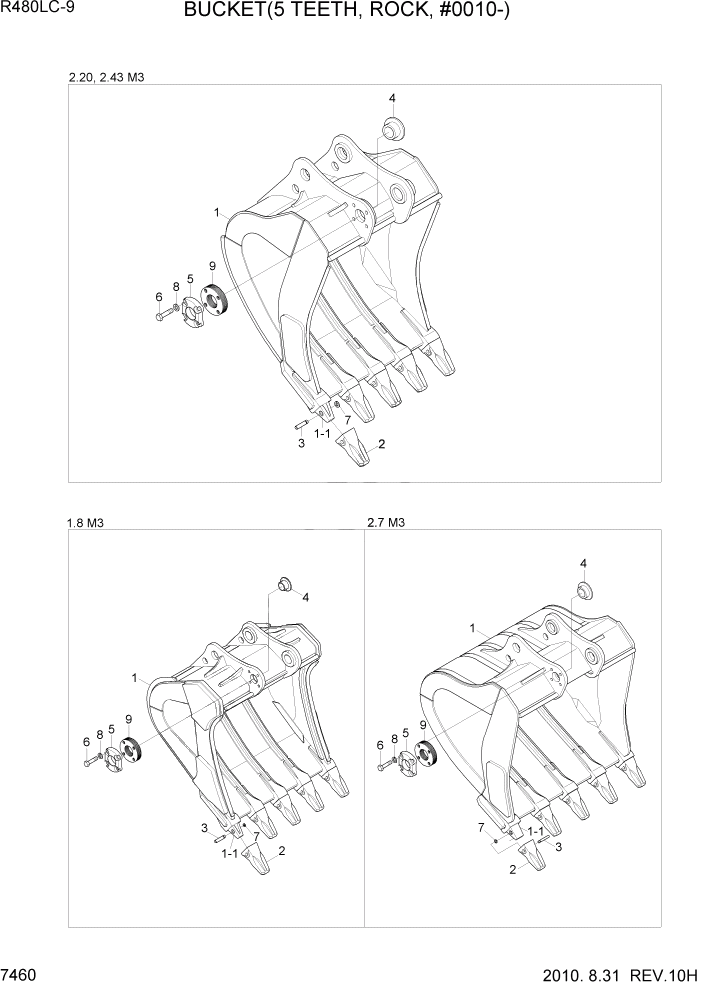 Схема запчастей Hyundai R480LC9 - PAGE 7460 BUCKET(5 TEETH, ROCK, #0010-) РАБОЧЕЕ ОБОРУДОВАНИЕ