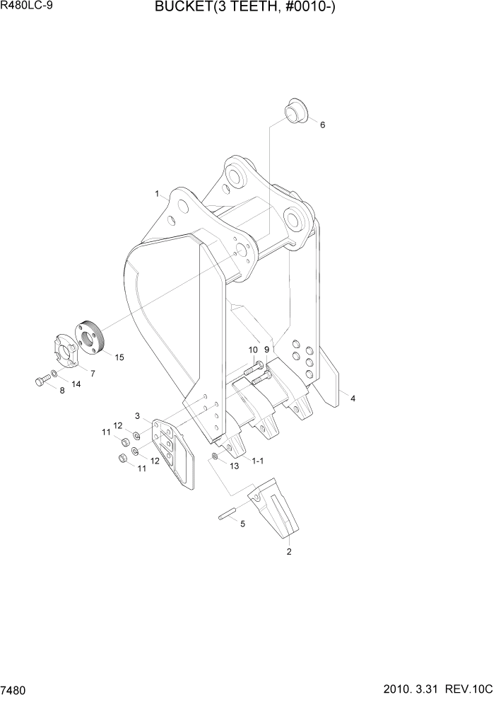 Схема запчастей Hyundai R480LC9 - PAGE 7480 BUCKET(3 TEETH, #0010-) РАБОЧЕЕ ОБОРУДОВАНИЕ