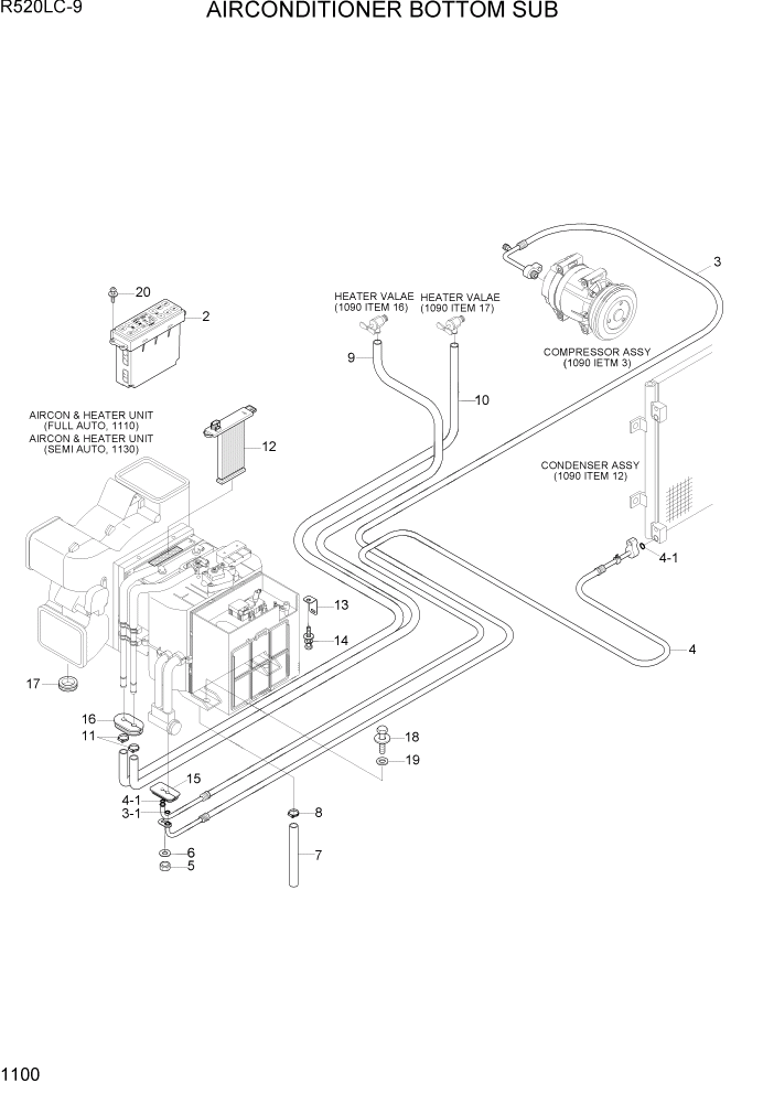 Схема запчастей Hyundai R520LC9 - PAGE 1100 AIR CONDITIONER BOTTOM SUB СИСТЕМА ДВИГАТЕЛЯ