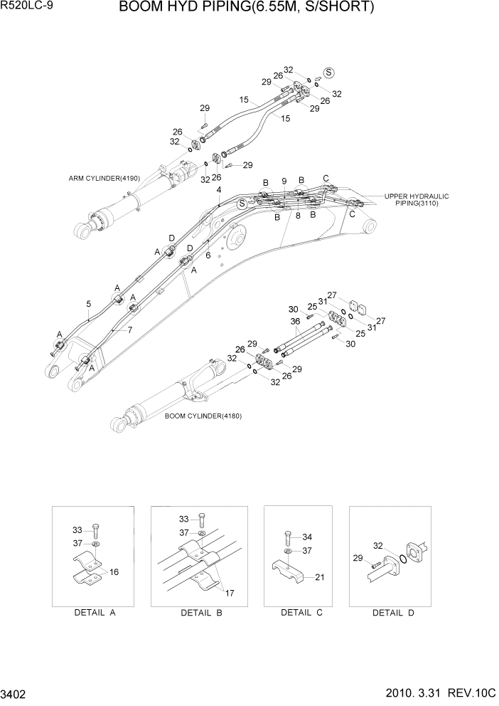 Схема запчастей Hyundai R520LC9 - PAGE 3402 BOOM HYD PIPING(6.55M, S/SHORT) ГИДРАВЛИЧЕСКАЯ СИСТЕМА