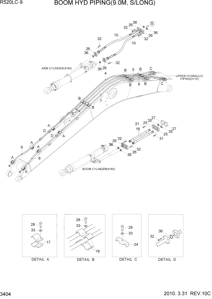 Схема запчастей Hyundai R520LC9 - PAGE 3404 BOOM HYD PIPING(9.0M, S/LONG) ГИДРАВЛИЧЕСКАЯ СИСТЕМА