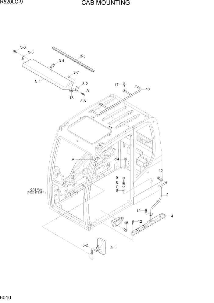 Схема запчастей Hyundai R520LC9 - PAGE 6010 CAB MOUNTING СТРУКТУРА