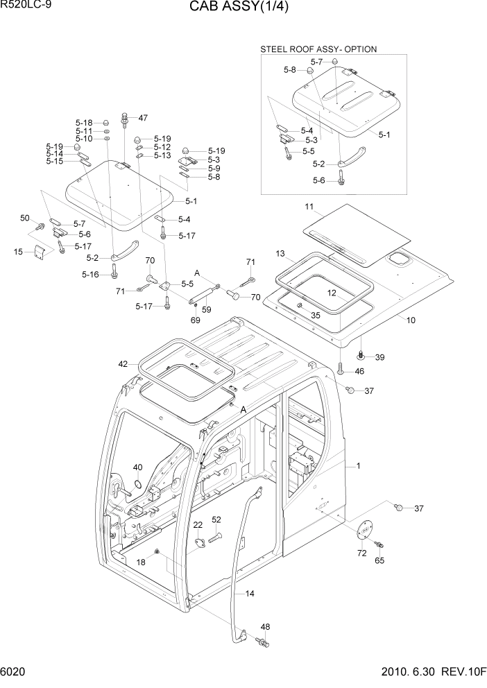 Схема запчастей Hyundai R520LC9 - PAGE 6020 CAB ASSY(1/4) СТРУКТУРА