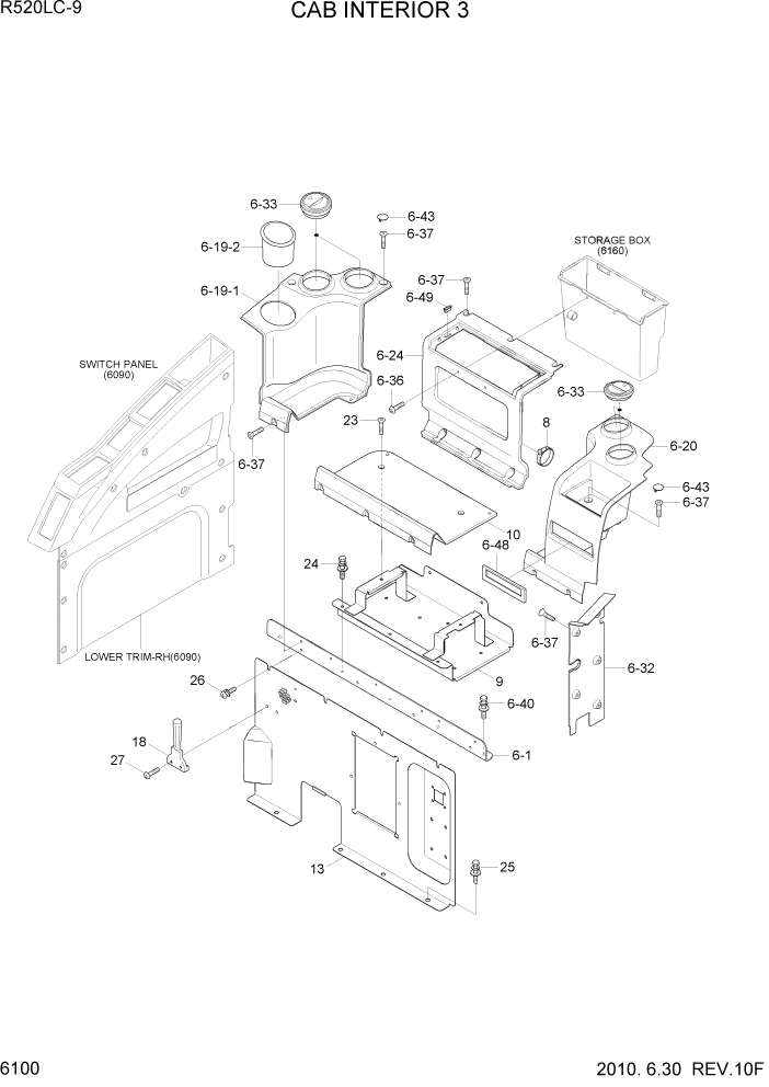 Схема запчастей Hyundai R520LC9 - PAGE 6100 CAB INTERIOR 3 СТРУКТУРА