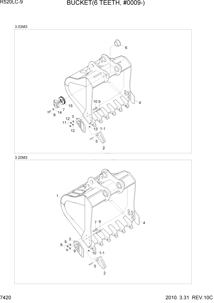 Схема запчастей Hyundai R520LC9 - PAGE 7420 BUCKET(6 TEETH, #0009-) РАБОЧЕЕ ОБОРУДОВАНИЕ