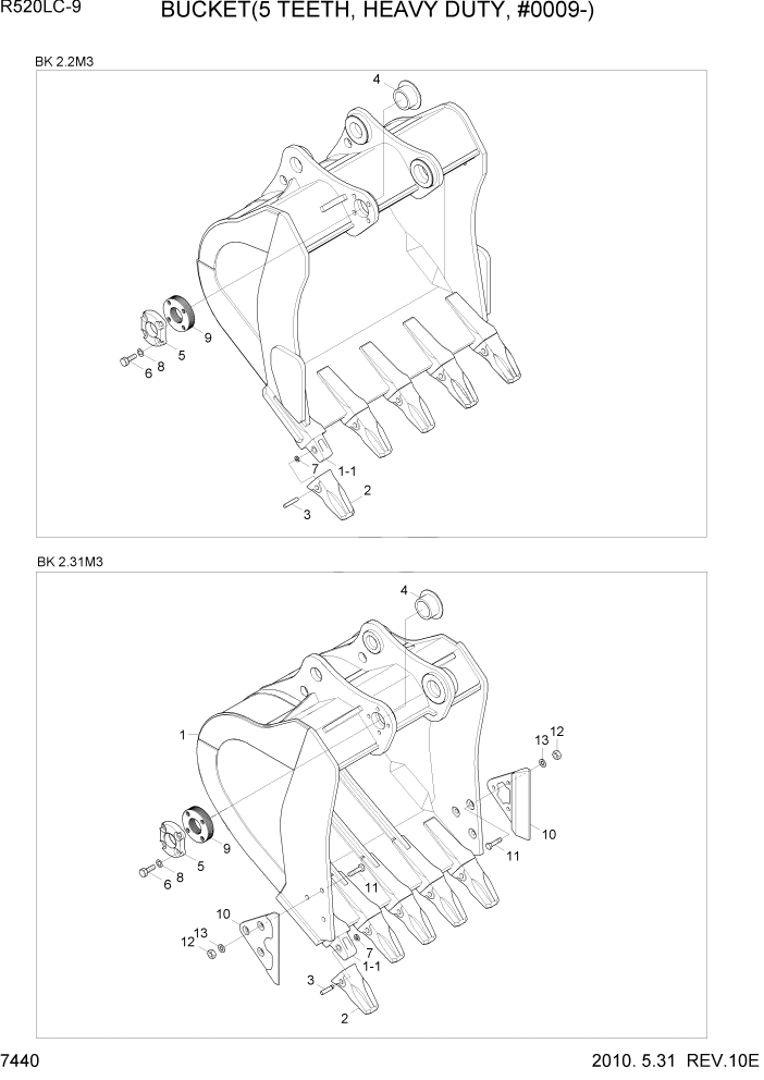 Схема запчастей Hyundai R520LC9 - PAGE 7440 BUCKET(5 TEETH, HEAVY DUTY, #0009-) РАБОЧЕЕ ОБОРУДОВАНИЕ