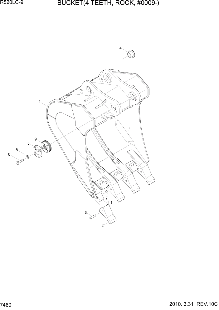 Схема запчастей Hyundai R520LC9 - PAGE 7480 BUCKET(4 TEETH, ROCK, #0009-) РАБОЧЕЕ ОБОРУДОВАНИЕ