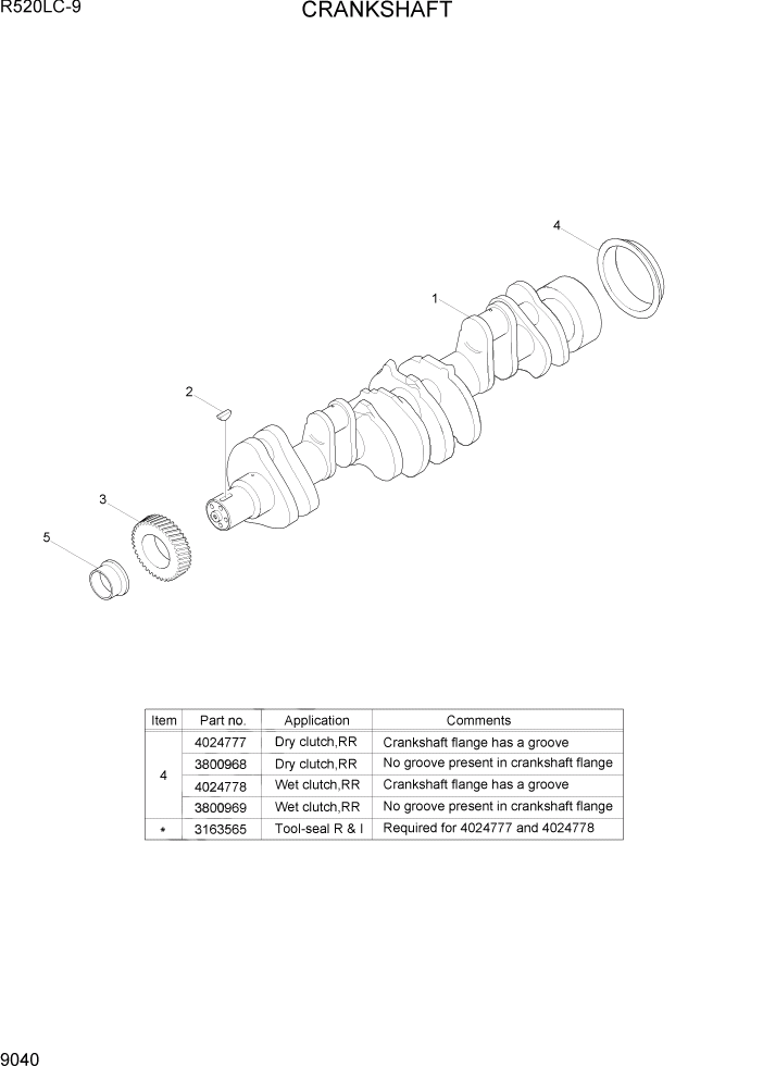 Схема запчастей Hyundai R520LC9 - PAGE 9040 CRANKSHAFT ДВИГАТЕЛЬ БАЗА