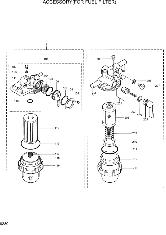 Схема запчастей Hyundai R28-7 - PAGE 9280 ACCESSORY(FOR FUEL FILTER) ДВИГАТЕЛЬ БАЗА