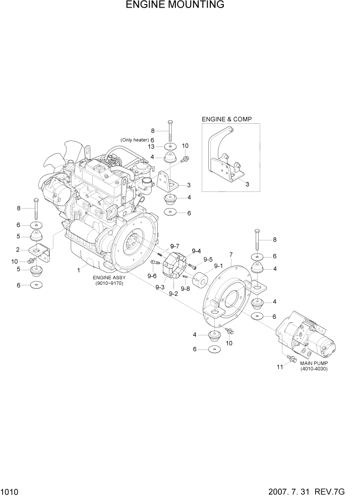 Схема запчастей Hyundai R35-7Z - PAGE 1010 ENGINE MOUNTING СИСТЕМА ДВИГАТЕЛЯ