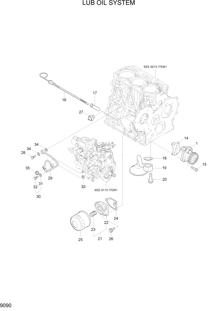 Схема запчастей Hyundai R35Z-7A - PAGE 9090 LUB OIL SYSTEM ДВИГАТЕЛЬ БАЗА