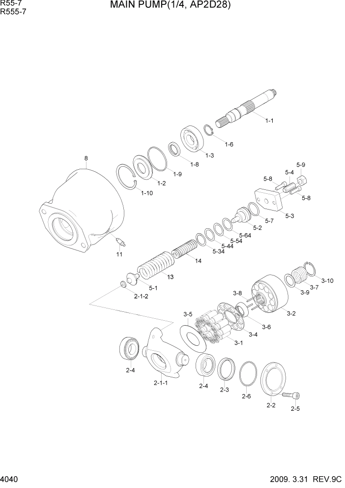 Схема запчастей Hyundai R55-7 - PAGE 4040 MAIN PUMP(1/4, AP2D28) ГИДРАВЛИЧЕСКИЕ КОМПОНЕНТЫ