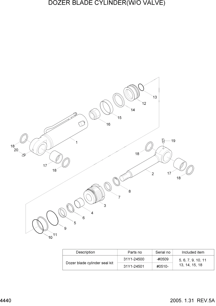 Схема запчастей Hyundai R55-7 - PAGE 4440 DOZER BLADE CYLINDER(W/O VALVE) ГИДРАВЛИЧЕСКИЕ КОМПОНЕНТЫ