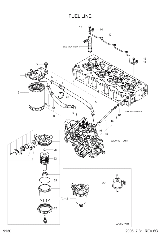 Схема запчастей Hyundai R55-7 - PAGE 9130 FUEL LINE ДВИГАТЕЛЬ БАЗА