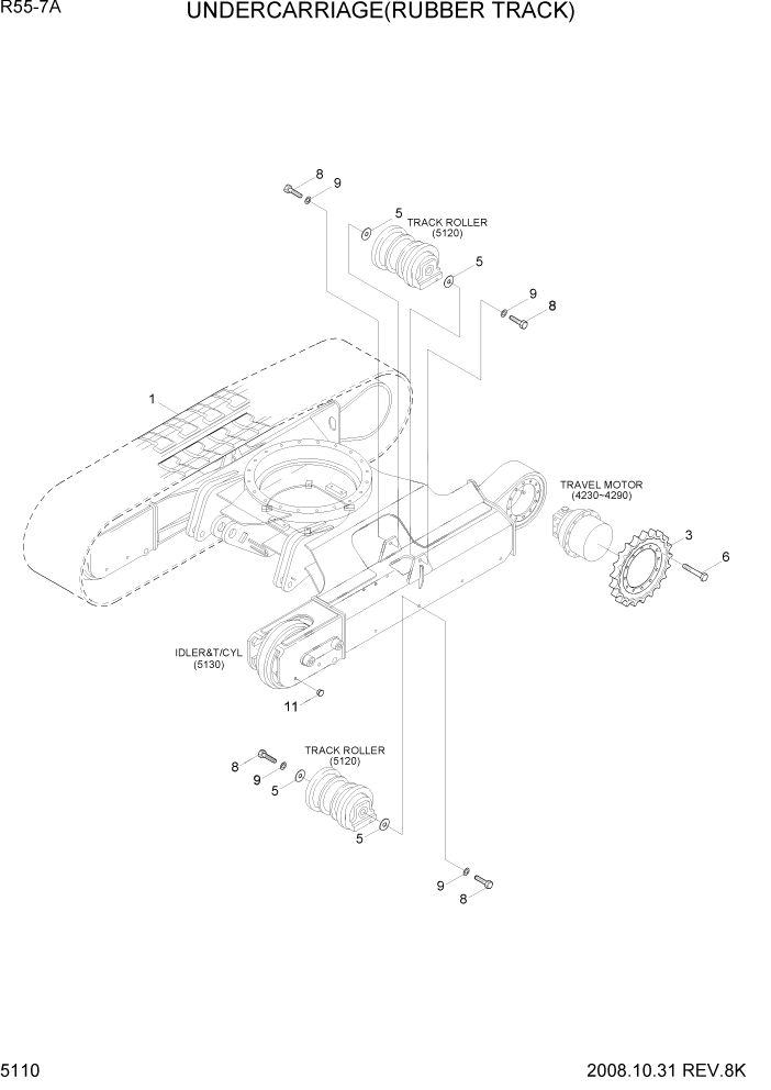 Схема запчастей Hyundai R55-7A - PAGE 5110 UNDERCARRIAGE(RUBBER TRACK) ХОДОВАЯ ЧАСТЬ