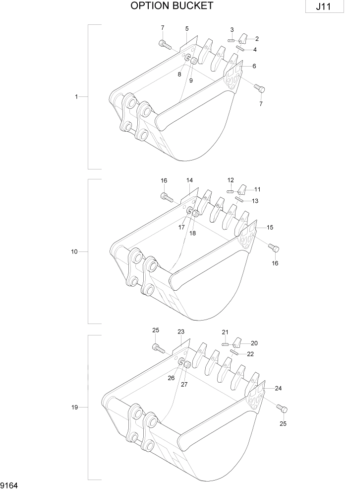 Схема запчастей Hyundai R75-7 - PAGE 9164 OPTION BUCKET ВАРИАНТ
