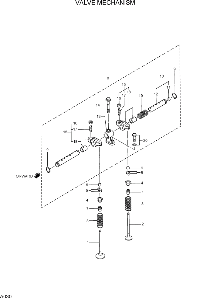 Схема запчастей Hyundai R75-7 - PAGE A030 VALVE MECHANISM ДВИГАТЕЛЬ БАЗА