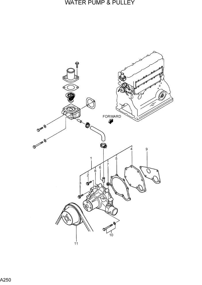 Схема запчастей Hyundai R75-7 - PAGE A250 WATER PUMP & PULLEY ДВИГАТЕЛЬ БАЗА