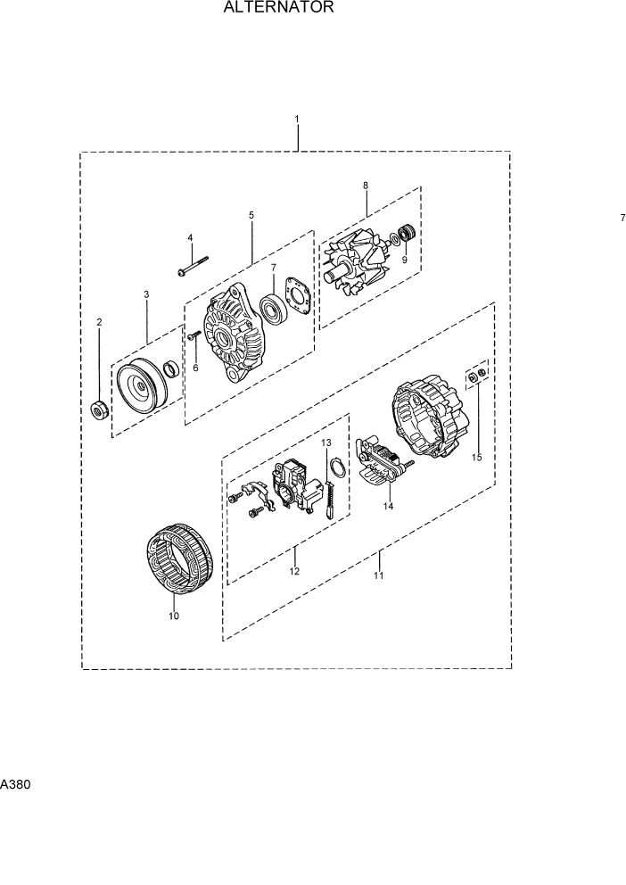 Схема запчастей Hyundai R75-7 - PAGE A380 ALTERNATOR ДВИГАТЕЛЬ БАЗА